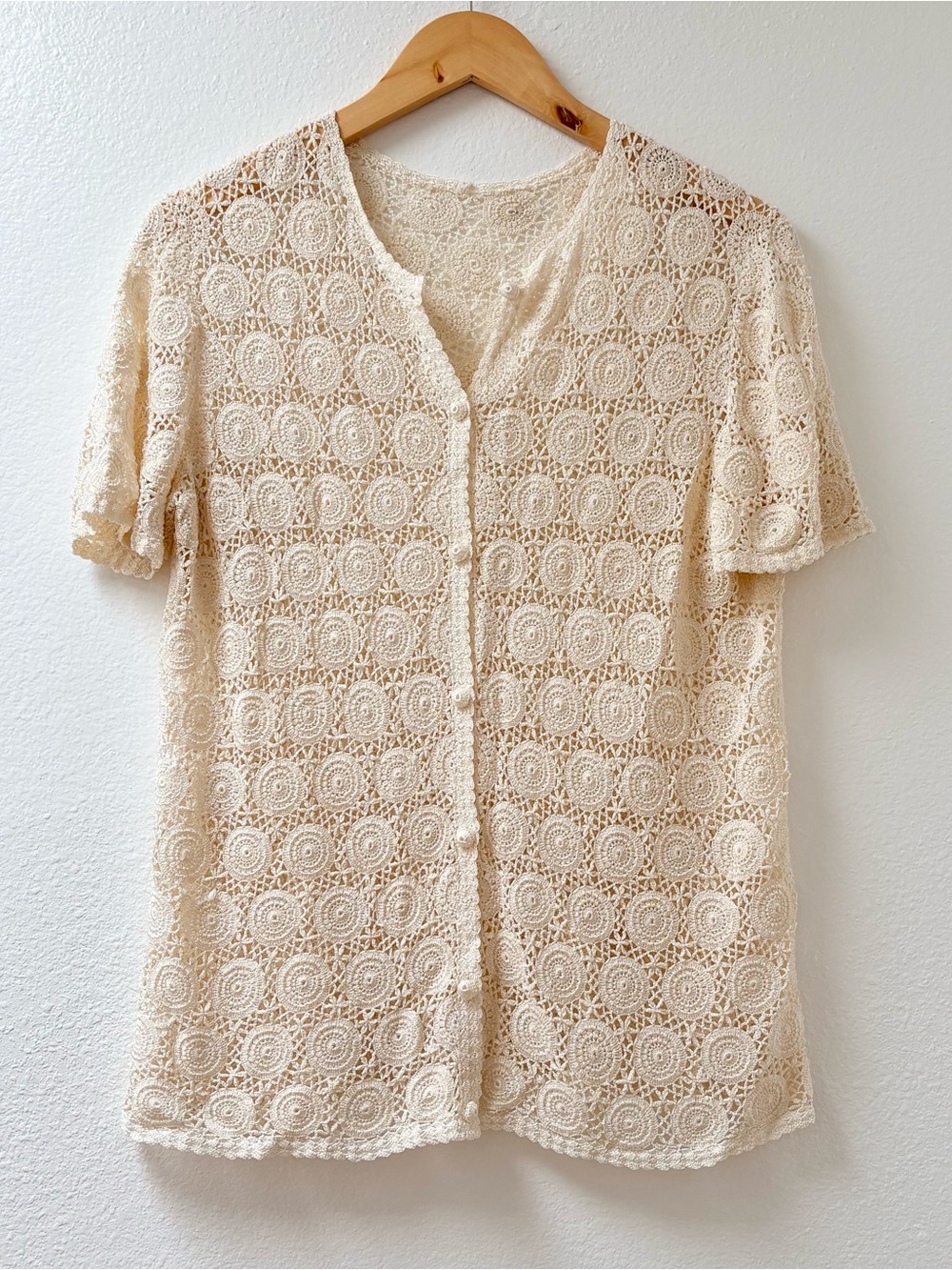 Vintage Cream Crochet Short Sleeve Button Up Blouse